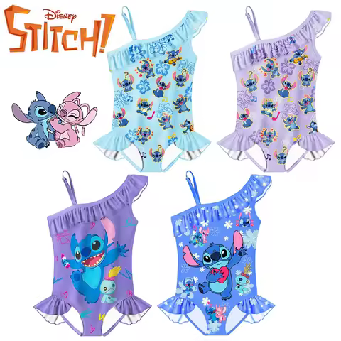 4 styles Disney Stitch One-Piece Suits Swim Girl Kawaii Ruffle Edge Swimwear Anime Surrounding Fashi