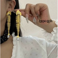 Y2K Punk Fishbone Earrings for Women Gold Metal Skeleton with Rhinestones Pearl Drop Dangle Earrings