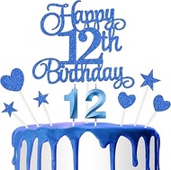 12th Birthday Cake Decoration, 12th Number Candle Happy Birthday Glitter Cake Decoration Card Annive