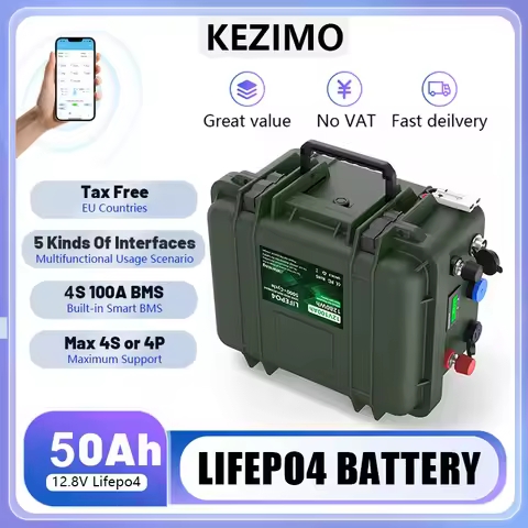 12V LiFePO4 Battery 50Ah Grade A Bluetooth BMS 6000+ Cycles 640Wh IP65 USB QC PD For RV Fishing Boat