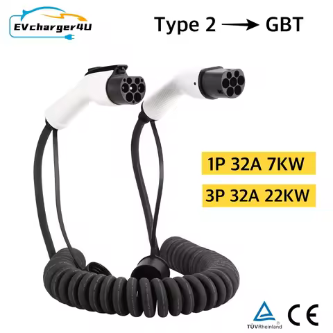 EVcharger4U Type2 to GBT Spiral EV Charging Cable 5M 1P/3P 32A 7KW/22KW Type 2 GB/T Coiled Cord for 