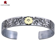 Dazhuo Takahashi Goro Goros Handmade Carved Tangcao Gold Point Flat Bracelet Sterling Silver Mens Op