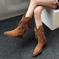 0 Retro Tassel Cowboy Western Boots Thick Heel Western Cowboy Boots Short Tube Plus Size Short Boots