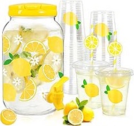 AnyDesign 1 Gallon Lemon Plastic Drink Dispenser with 50 Pcs Disposable Plastic Cups Lids Straws Sum