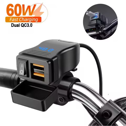 60W Dual QC3.0 Motorcycle USB Fast Charger Handlebar USB Socket with Switch Voltmeter Waterproof 12-
