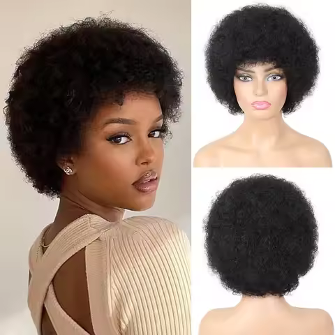 Puffy Afro Curly Human Hair Wigs 70S Jerry Curl Fluffy Wig for Women Glueless Puffy Bouncy Wig Wet a