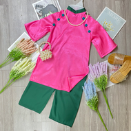 Bộ quần áo dài bé gái gấm hồng nút xanh 8-28kg Angel Baby Thời Trang Thiết Kế