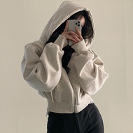 เสื้อกันหนาวมีฮู้ดผู้หญิง ผ้ากํามะหยี่ มีซิป สไตล์สั้น เข้ารูป เข้ากับทุกการแต่งกาย เสื้อสเวตเตอร์มี