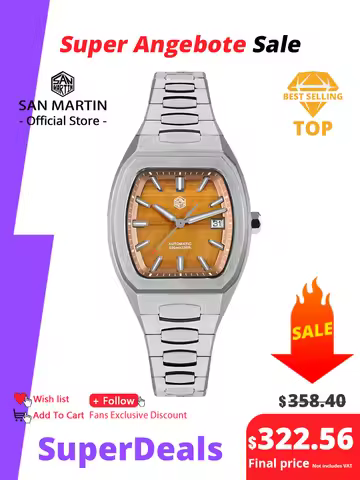 San Martin 39.5mm Tonneau Luxury Men Watch Mineral Dial Casual Sports PT5000 SW200 Automatic Mechani
