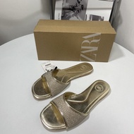 imported NEW ZARAˉ 2024 Foreign Trade New Womens Shoes Round Head Flat Slippers Fish Net Gold Wire H