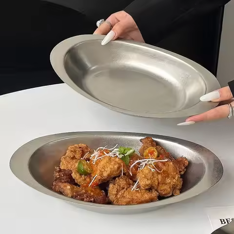 Retro Stainless Steel Oval Deep Plate Creative Home Eating Soup Dinner Plate Fried Chicken Snake Pla