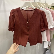 blouse cute korean style puff sleeve puff sleeve blouse French Puff Sleeve V-Neck Short Sleeve Top -