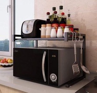 包送貨 -加厚廚房微波爐置物架 可伸縮43~65cm 可伸縮烤箱收納架子 落地雙層放檯面  黑色
