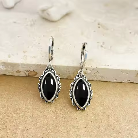 925 Sterling Silver Earrings With Natural Black Onyx 6*12MM Horse Eye Shaped Stone Drop Earrings Fin