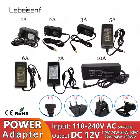 Power Adapter 12V 1A 2A 3A 5A 6A 7A 10A 12W 24W 36W 60W 84W 120W 100-240V AC to DC Wall Plug Desktop
