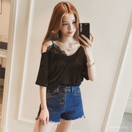 Student Short-Sleeved Women's Fake Two-Piece Cotton New Wide Loose Summer Lace2023TT-shirt Top T-shirt off-the-Shoulder Korean Style Women