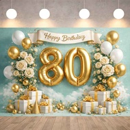 Happy 80th Birthday Golden Foil Number Polyester Waterproof Banner Backdrop White Rose Gift Box Ball