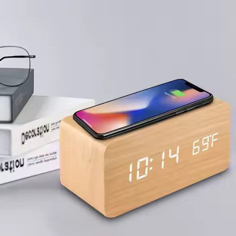 Wooden Digital Alarm Clock with Wireless Charging, LED Clock with Time, Date,Temperature, Desk Clock