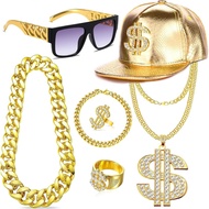 80s 90s Hip Hop Costumes Outfit Kit Fake Gold Chain Necklace Dollar Sign Cap Jewelry Set Rapper Acce