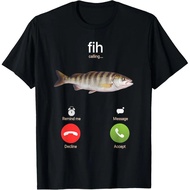 T-Shirt Lengan Pendek Putih Hitam Cetakan Lucu "fih calling..." Teks T-Shirt Kasual