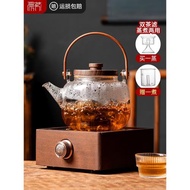 胡桃木電陶爐煮茶器玻璃燒水壺白茶圍爐煮茶壺小型電熱煮茶爐套裝