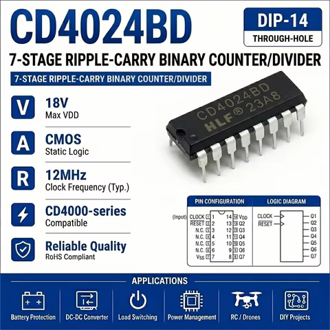 (10 pcs) CD4024BE DIP-14 CD4024 7-Stage Binary Ripple Counter 3V-18V