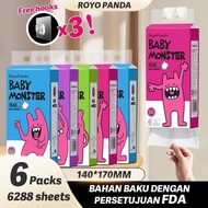 [6 PCS] ROYO PANDA Baby Monster Tisu Gantung Viral, 4-Ply Soft, Diamond Embossed, Free 3 Hooks, Royo
