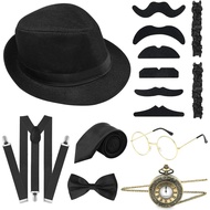ELECLAND 10 Pieces 1920s Men Costume Accessories Set Roaring Retro Gangster Costume, Hat, Bow Tie, P
