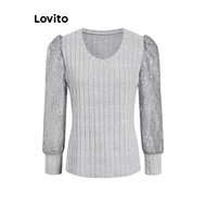 Lovito Casual Plain Fabric Stitching Split Front Lace T-Shirt for Women LNL67077 Lovito Kaos Paduan 