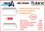 RUBINE SPH 56S SIN 3.0(I) ELECTRIC STORAGE WATER HEATER / FREE EXPRESS DELIVERY