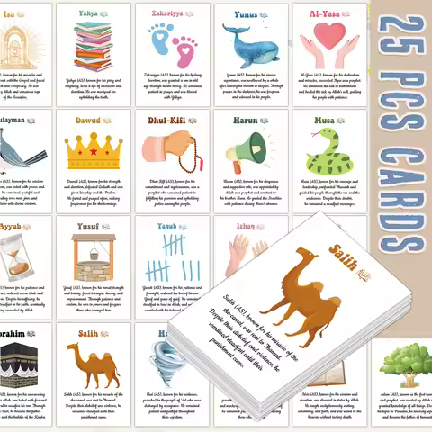 25pcs Islamic Prophet Character Cards,Content Includes Prophetic Lives,Values,Educational Visual Gui