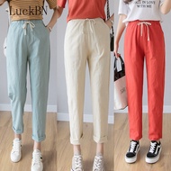 {Good morning wardrobe] Women Casual Harajuku Long Ankle Length Trousers 2022 Summer Autumn Large Solid Elastic Waist Cotton Linen Pants Black Pants