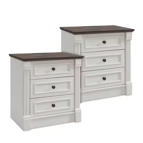 26"Tall Farmhouse Nightstand Set of 2, End Table w/3 Drawers, Antique White, Customized