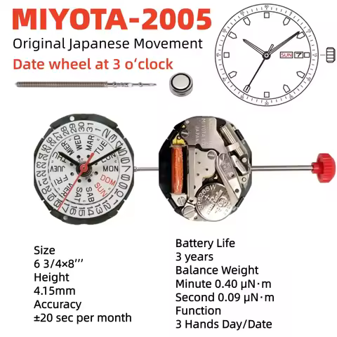 Genuine Japan Miyota 2005 3 Hands Day Date Quartz Movement 6.75x8Ligne 4.15mm Thick ±20s/Month with 
