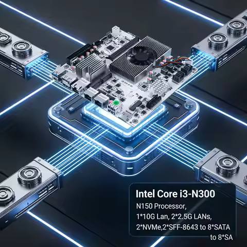 8-Bay NAS Mini ITX Motherboard Intel Core i3-N300 N150 1*SO-DIMM DDR5 2*M.2 NVMe 8*SATA 1*10G 2*2.5G