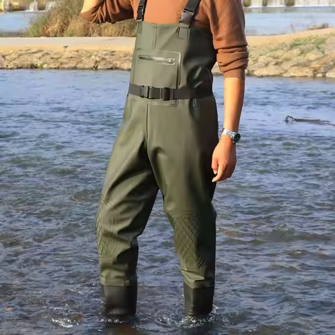 Useful PVC Fishing Suit Waterproof Thicken Design Overalls with Boots Double Knee Pads Wader Pants O