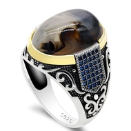 S925 Sterling Silver Mens Ring Black Natural Aqeeq Zircon Jewelry Fashion Retro Gift Ladies Men