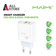 MAIMI C62 FAST CHARGER QC3.0 + PD 20W DUAL PORT WHITE - SMART CHARGER ADAPTOR MAIMI C62-QC3.0-DUAL U