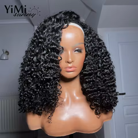 3B 3C Burmese Curly Flip Over Half Human Hair Wigs For Woman 3/4 Adjustable & Breathable 350% Densit