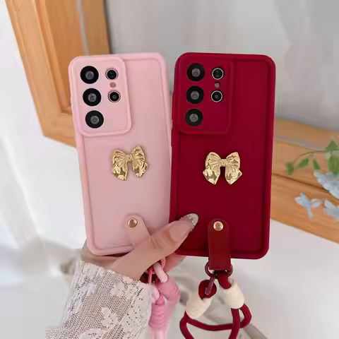 3D Gold Bow Tie Strap Lanyard Phone Case For Samsung Galaxy J4 J6 Plus J7 J2 Prime F56 F06 F05 F16 F