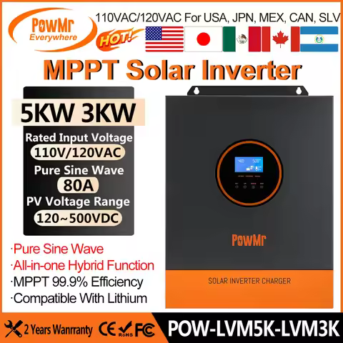 PowMr 3KW 5KW Hybrid Solar Inverter 110VAC 120VAC Output Pure Sine Wave for 24V 48V Battery MPPT 80A