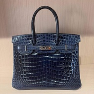 HERMES愛馬仕Birkin30 風暴藍 銀扣 兩點 亮面鱷魚