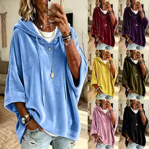 New Autumn Winter Women Solid Velvet Hoodie 3/4 Sleeve Casual Tops(4XL-5XL))