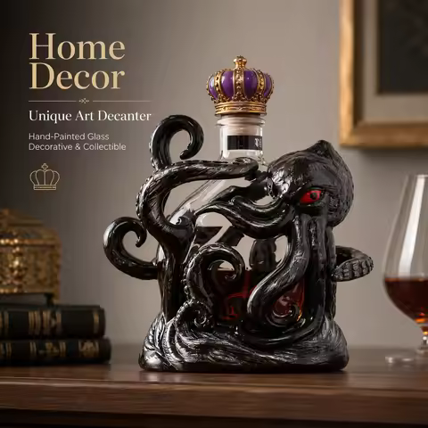 Creative Octopus Glass Liquor Decanter, Hand Painted 3D Kraken Sea Creature Wine Decanter Novelty Ba