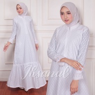 Gamis Putih Bahan Katun Jepang Model List Rempel Kombinasi Renda
