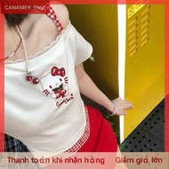 HUFANG Hello Kitty T-Shirt Mùa Hè Của Phụ Nữ Chic Y2K Off-Shoulder Ngắn Tay Áo Crop Top