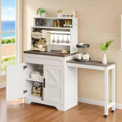 Coffee Bars Farmhouse Cabinet with Hutch, 56.7'' Extendable Kitchen Buffet Sideboard with 5 Hooks, M