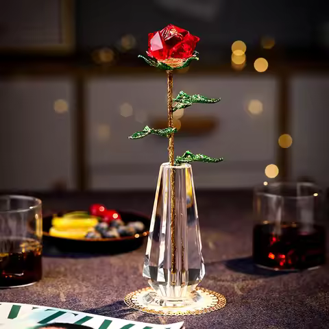 7 Colors Crystal Rose Vase Figurine Golden Green Leaves Rose Ornament Home Decor Birthday Wedding Gi