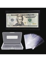 100入組透明紙鈔貨幣收藏袋,配有收納盒,適用於收納美元鈔票,保護貨幣,郵票和優惠券的保護套