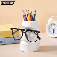 FOREVERGO Moai Statue 2-In-1 Pen Holder Stationery Storage Glasses Stand Desk Organizer For Home Off